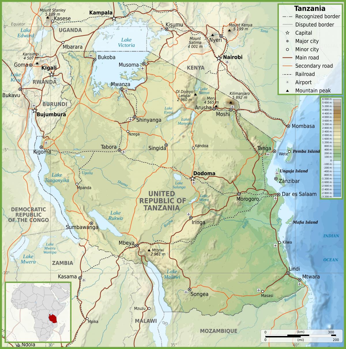 tanzania mapa de carreteras con kilómetros