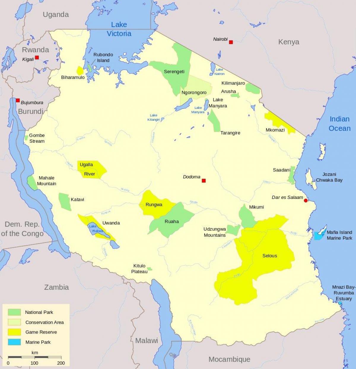 mapa de parques nacionales de tanzania y las reservas de caza