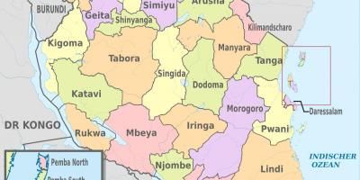 Mapa de tanzania mostrando las regiones y distritos