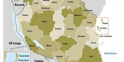 Mapa de tanzania mostrando las regiones