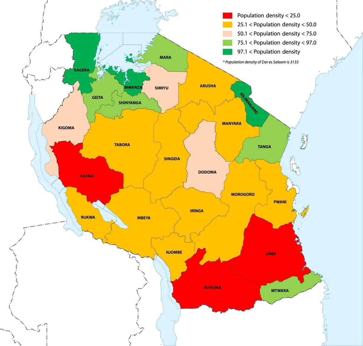 tanzania densidad de población mapa