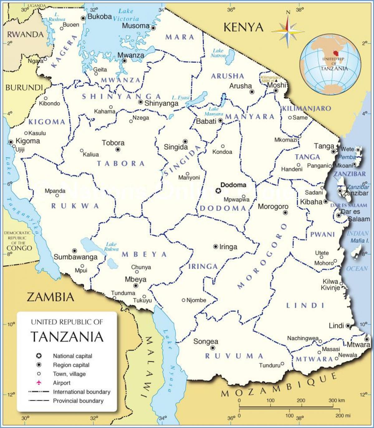 Mapa de tanzania, con el distrito de