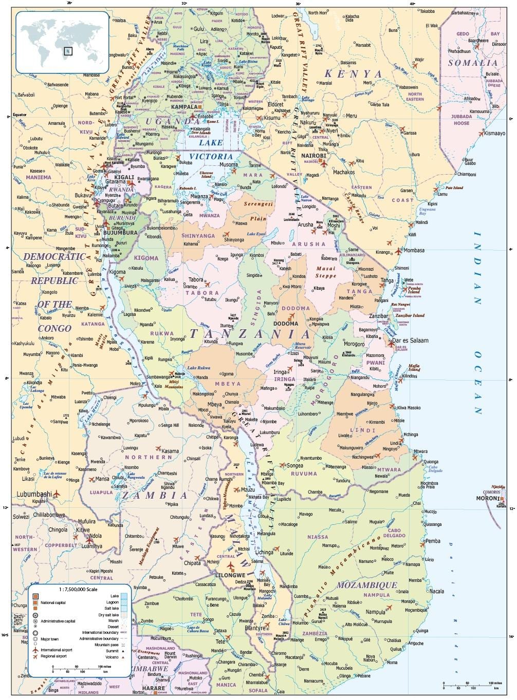 mapa de tanzania y los países vecinos