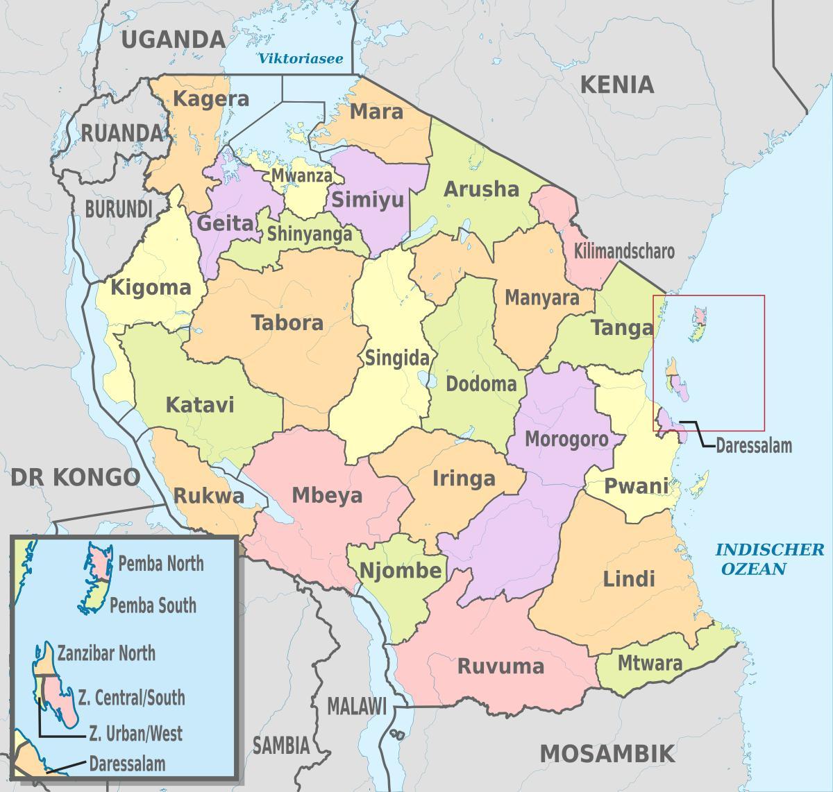 tanzania mapa con las nuevas regiones